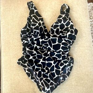 Miraclesuit Black and White Ruched Animal Print Swimsuit
